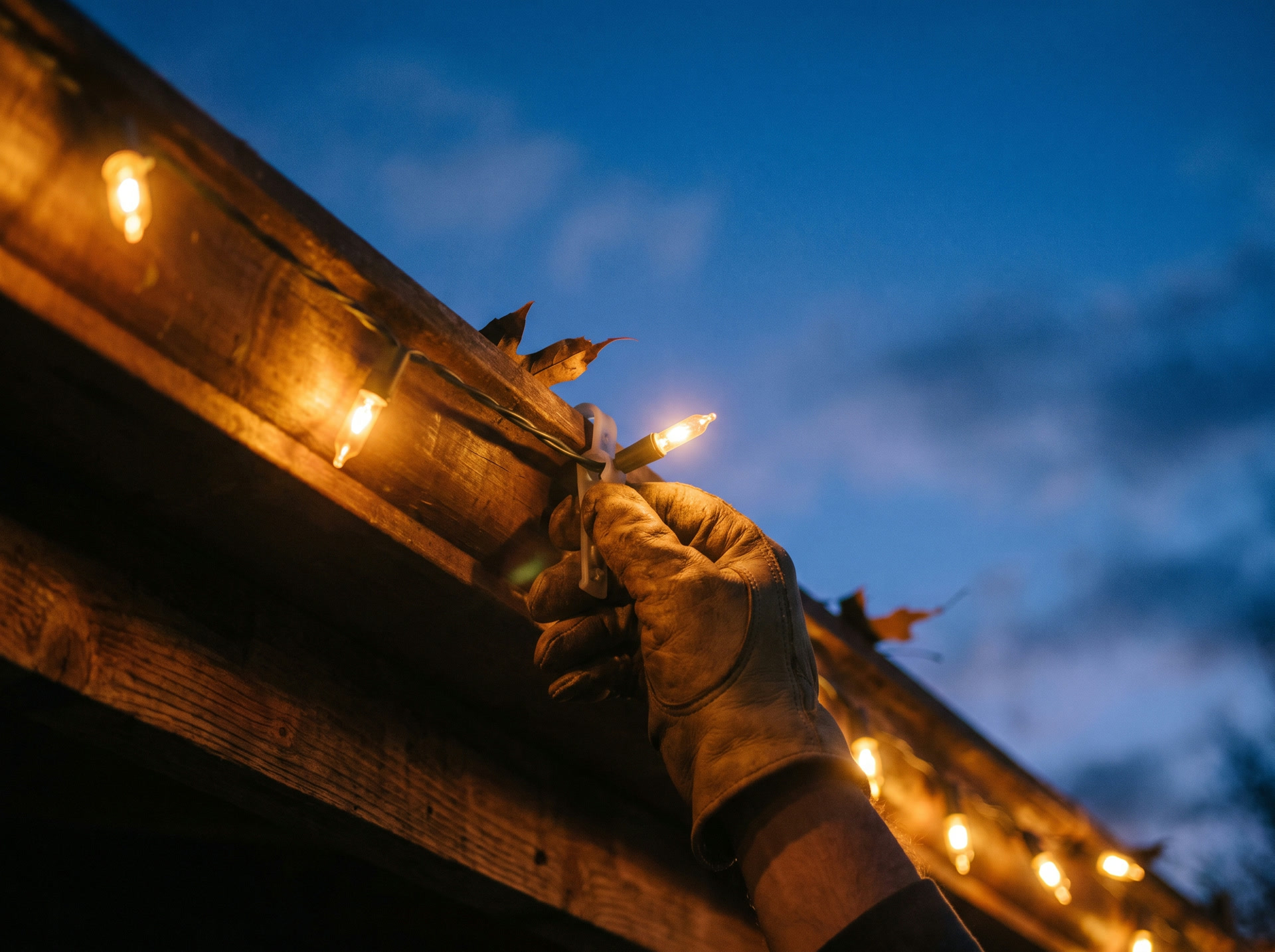 A gloved hand clipping a strand of warm string lights onto a roofline at dusk